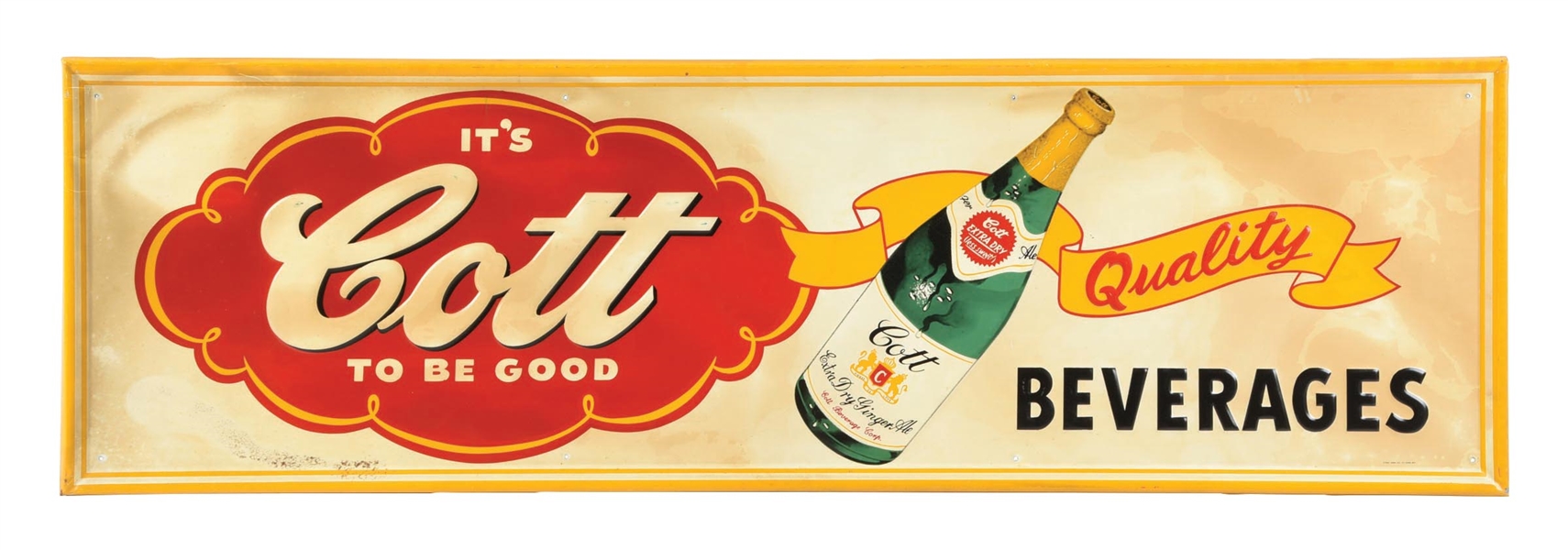 COTT QUALITY BEVERAGES SELF-FRAMED EMBOSSED TIN SIGN W/ BOTTLE GRAPHIC