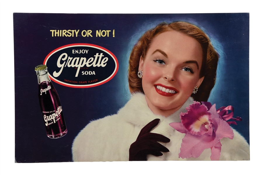 ENJOY GRAPETTE SODA CARDBOARD LITHOGRAPH W/ BEAUTIFUL WOMAN GRAPHIC