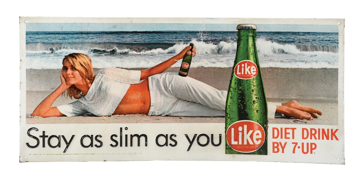 "STAY AS SLIM AS YOU LIKE" EMBOSSED TIN SIGN W/ BEAUTIFUL WOMAN GRAPHIC