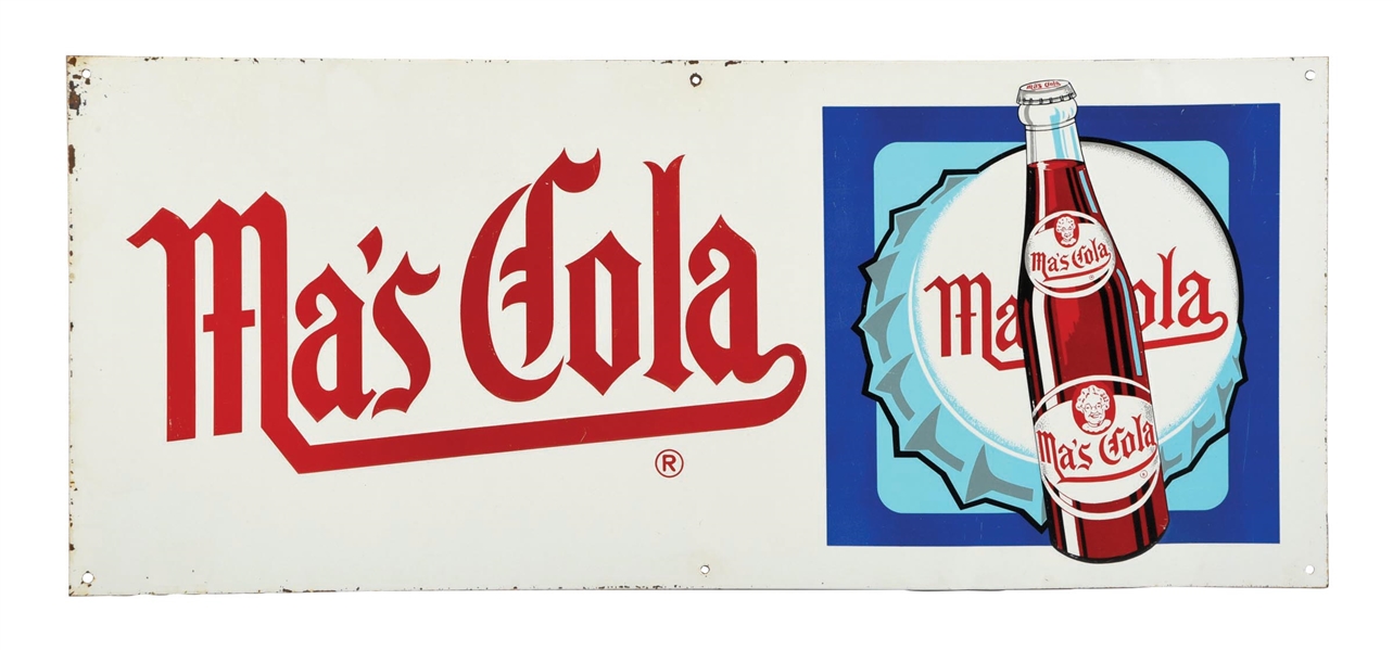 MAS COLA EMBOSSED TIN SIGN W/ BOTTLE GRAPHIC