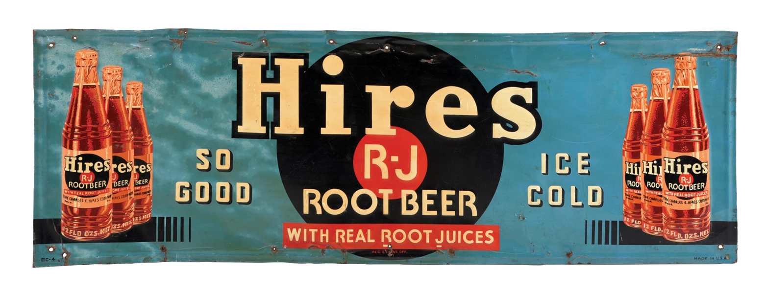 HIRES R-J ROOT BEER SELF-FRAMED EMBOSSED TIN SIGN W/ BOTTLE GRAPHIC