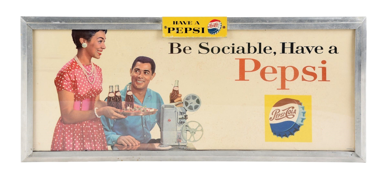 "BE SOCIABLE, HAVE A PEPSI" FRAMED PAPER LITHOGRAPH W/ BOTTLE CAP GRAPHIC