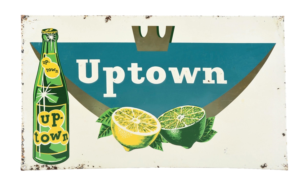 UP-TOWN BEVERAGE EMBOSSED TIN SIGN W/ BOTTLE GRAPHIC