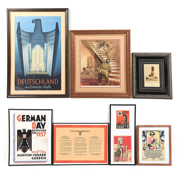 LOT OF 7: GERMAN WWII POSTERS AND OTHER FRAMED PIECES.