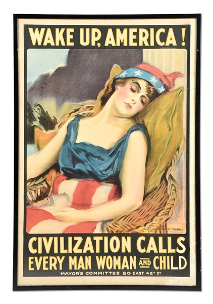 US WWI JAMES MONTGOMERY FLAGG WAKE UP AMERICA RECRUITMENT POSTER.