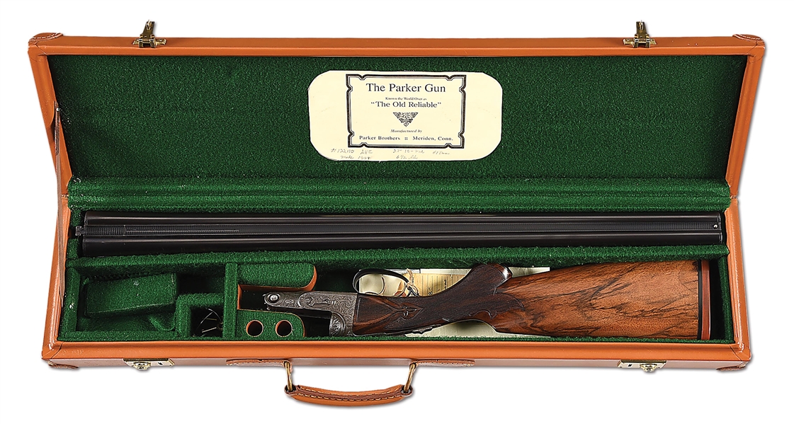 (C) PARKER AHE SIDE BY SIDE SHOTGUN WITH CASE AND FACTORY LETTER.