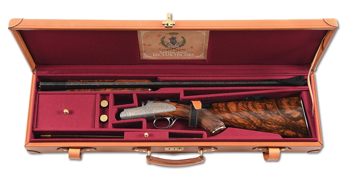 (M) LUCIANO BOSIS WILD SIDEPLATE ROUND BODY 20 BORE OVER UNDER SHOTGUN WITH FINE ORNAMENTAL SCROLL ENGRAVING BY G.S. PEDRETTI, IN CASE.