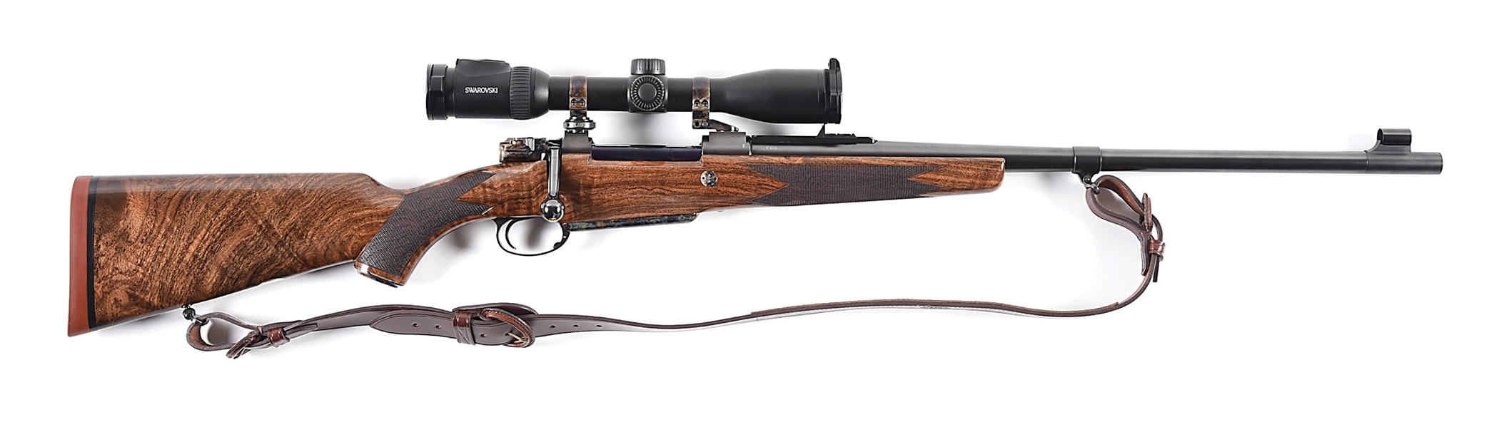 (M) JOHN RIGBY AND MAUSER COLLABORATION "BIG GAME" RIFLE IN .375 H&H MAGNUM WITH SWAROVSKI GLASS, CASE.