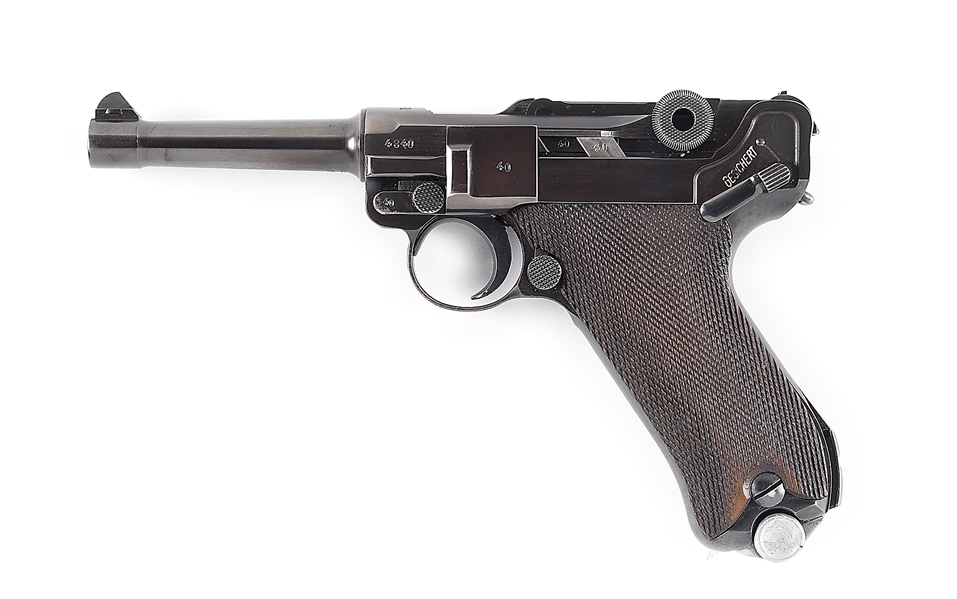 (C) 1938 MAUSER PO8 LUGER SEMI-AUTOMATIC PISTOL, WITH MATCHING LEATHER HOLSTER.