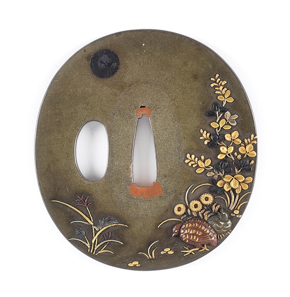 KINKO TSUBA WITH DEPICTIONS OF QUAILS ALONG A STREAM AT NIGHT.