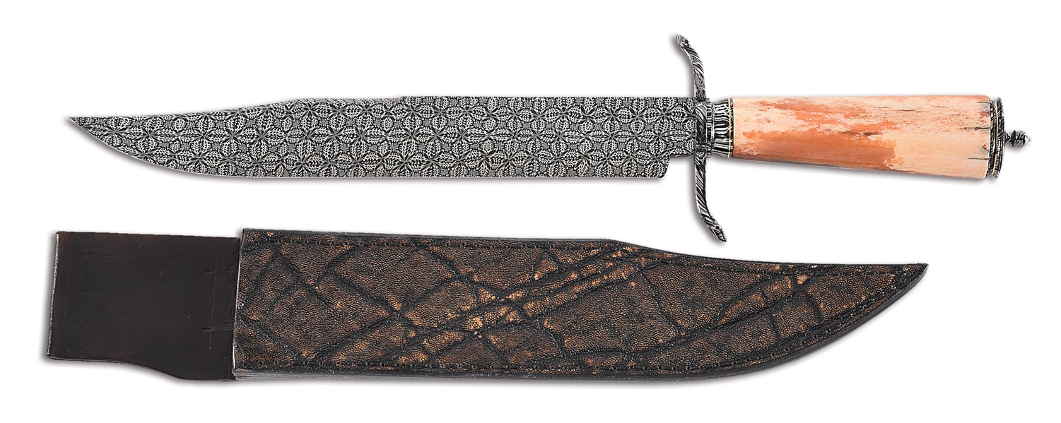 DAL MOLIN BRUNO BOWIE KNIFE WITH MOSAIC DAMASCUS BLADE WITH GIRAFFE BONE.