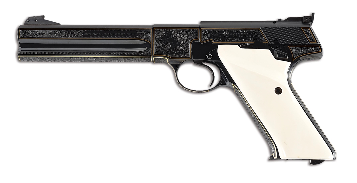 (M) ENGRAVED GOLD INLAID COLT WOODSMAN MATCH TARGET SEMI-AUTOMATIC PISTOL BY COLT MASTER ENGRAVER STEVE KAMYK.