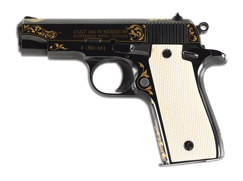 (M) COLT MK IV SERIES 80 GOVERNMENT SEMI-AUTOMATIC PISTOL WITH BLUED FINISH AND GOLD LEAF SCROLL WORK.