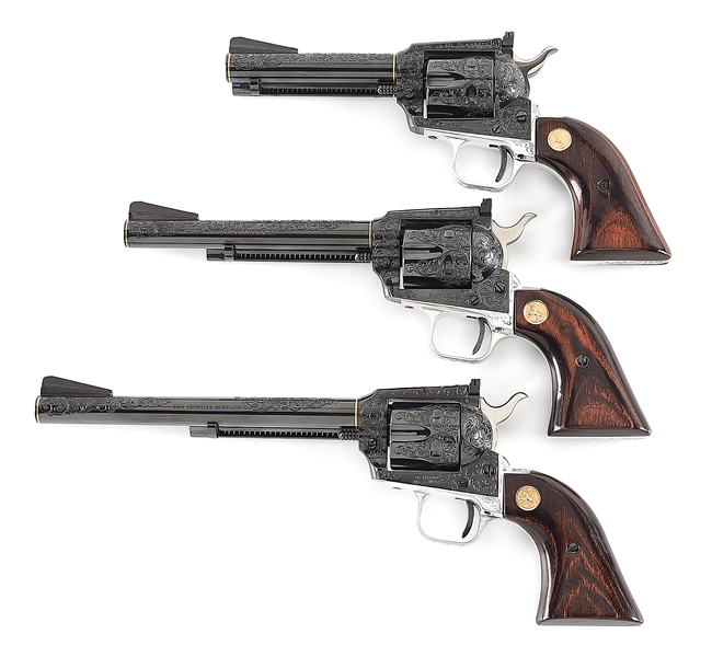 (M) SET OF 3 COLT FRONTIER SCOUT FACTORY ENGRAVED SINGLE ACTION REVOLVERS.