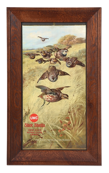 REMINGTON UMC FRAMED ADVERTISEMENT, QUAIL HUNTING PAINTING 