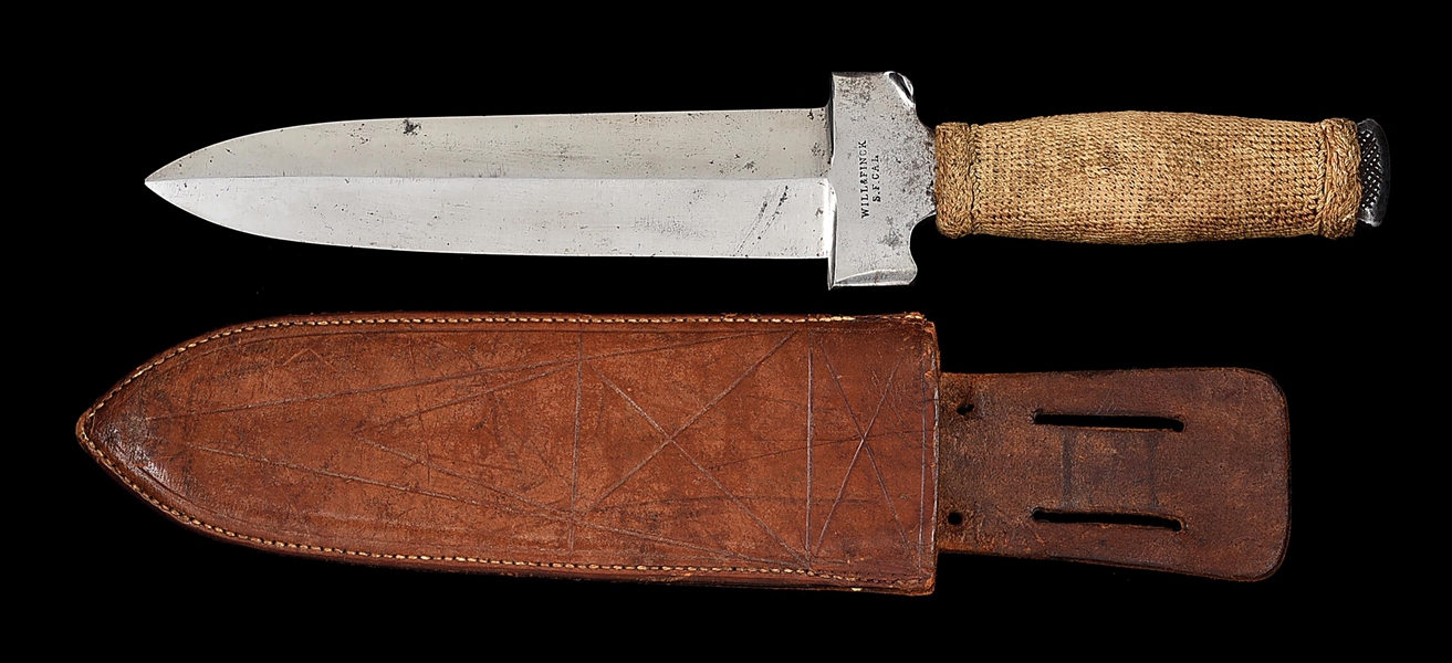 DESIREABLE WILL & FINCK TWINE WRAPPED HANDLE BOWIE KNIFE PHOTOGRAPHED IN 2 BOOKS.
