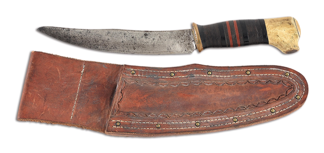 RARE LARGE BILL SCAGEL MADE BOWIE STYLE KNIFE WITH LEATHER SCABBARD.