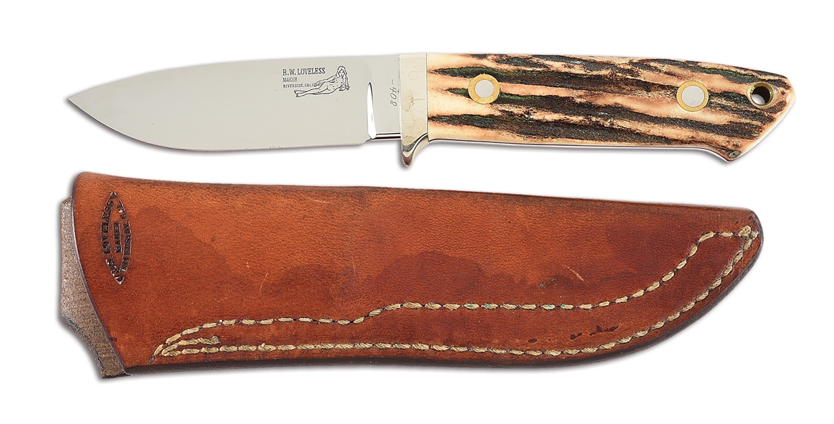 R.W. LOVELESS STAG HANDLED DROP POINT FIXED BLADE KNIFE WITH SCABBARD.
