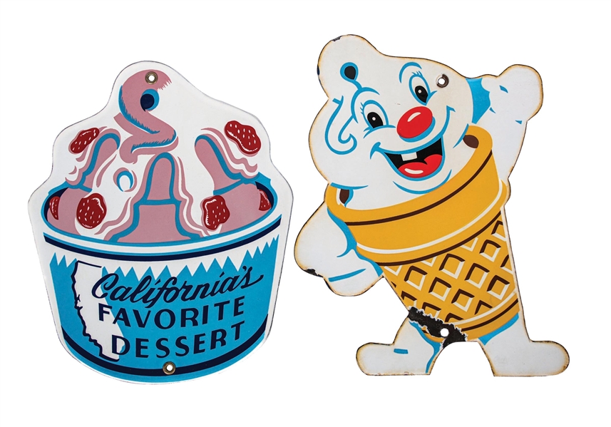 COLLECTION OF 2 FOSTER FREEZE PORCELAIN ICE CREAM SIGNS.