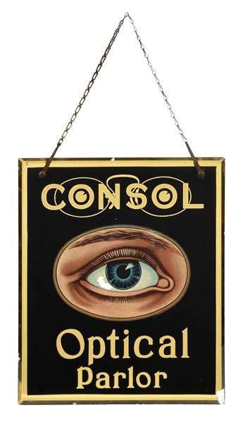 CONSOL OPTICAL PARLOR REVERSE PAINTED GLASS SIGN W/ BLUE EYE GRAPHIC