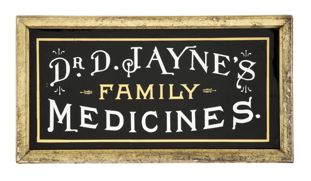 DR. D. JAYNES FAMILY MEDICINES REVERSE PAINTED GLASS SIGN