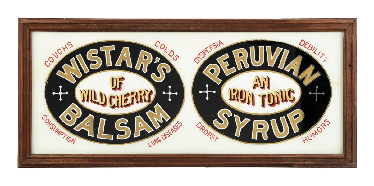 WISTARS BALSAM PERUVIAN SYRUP FRAMED REVERSE PAINTED GLASS SIGN