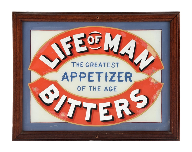 LIFE OF MAN BITTERS REVERSE PAINTED GLASS SIGN