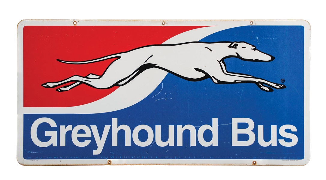 DOUBLE SIDED GRAYHOUND BUS PAINTED METAL SIGN
