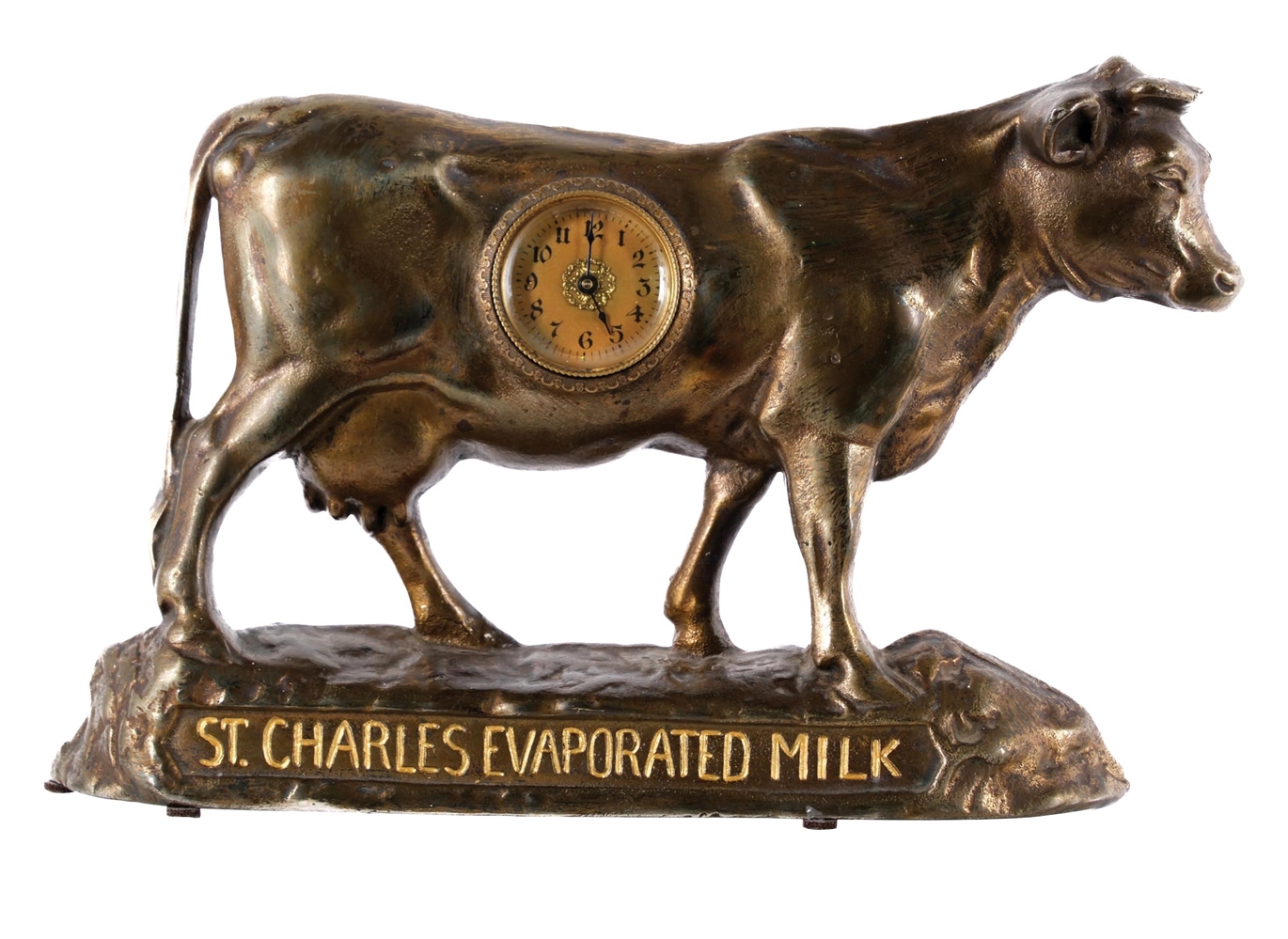 ST. CHARLES EVAPORATED MILK BRASS COW FIGURE W/ CLOCK