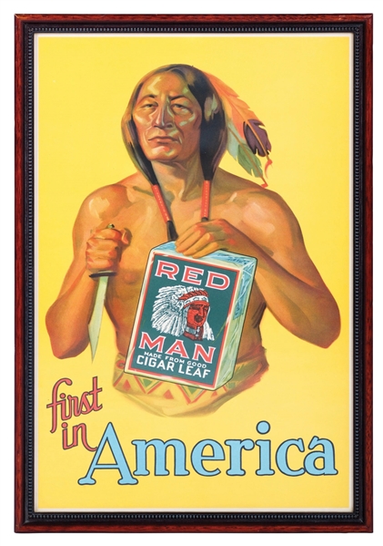 FRAMED RED MAN TOBACCO "FIRST IN AMERICA" ADVERTISING