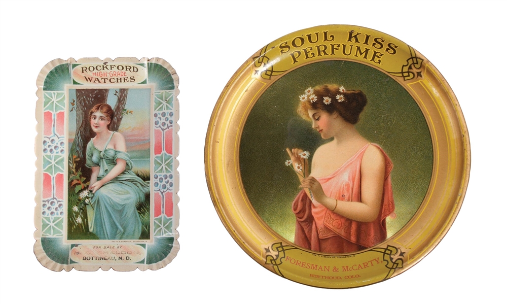 LOT OF 2: TIN ADVERTISING TRAYS - PERFUME & ROCKFORD WATCHES