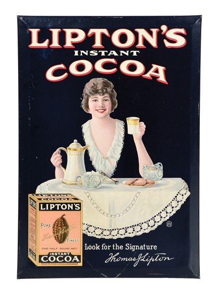 LIPTONS INSTANT COCOA TIN ADVERTISING SIGN W/ BEAUTIFUL WOMAN GRAPHIC