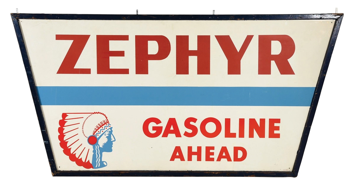 ZEPHYR GASOLINE TIN SIGN W/ NATIVE AMERICAN GRAPHIC.