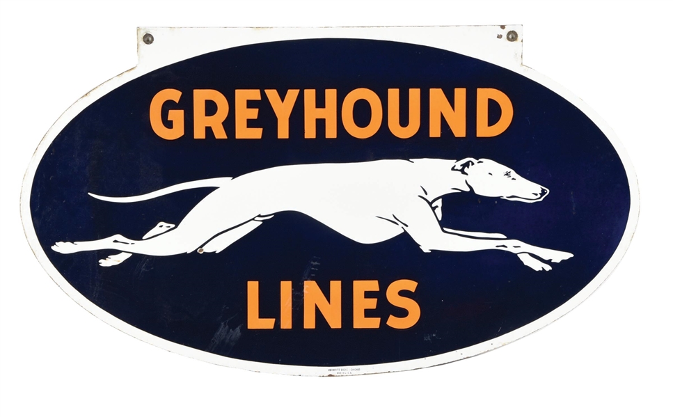 PORCELAIN GREYHOUND LINES SIGN W/ DOG GRAPHIC.