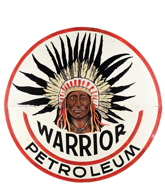 RARE & OUTSTANDING WARRIOR PETROLEUM WOODEN SIGN W/ NATIVE AMERICAN GRAPHIC. 