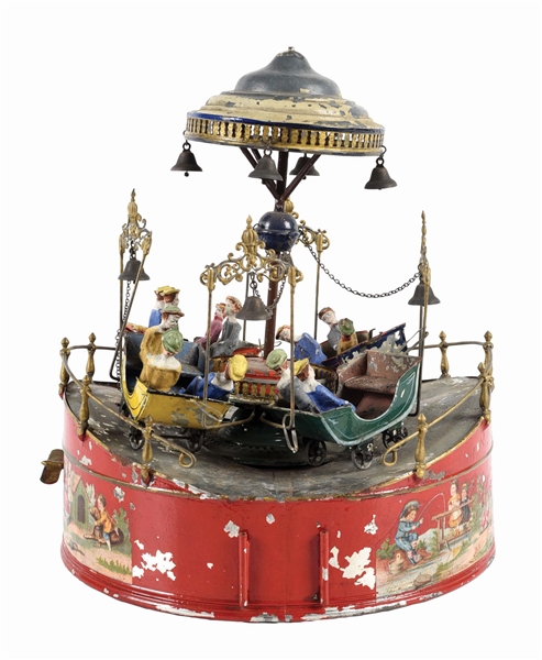 EXTREMELY UNUSUAL GERMAN TIN LITHO & HAND-PAINTED GONDOLA CAROUSEL TOY