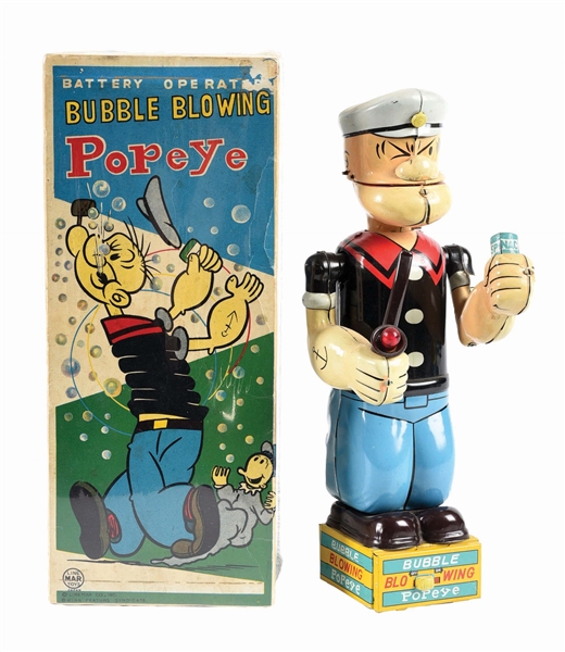 LINEMAR TIN LITHO BATTERY-OPERATED BUBBLE BLOWING POPEYE TOY W/ TOUGH TO FIND ORIGINAL BOX