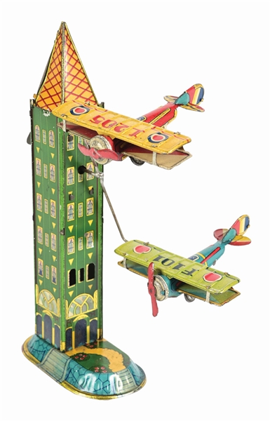 PRE-WAR JAPANESE TIN LITHO DOUBLE AIRPLANE TOWER SET