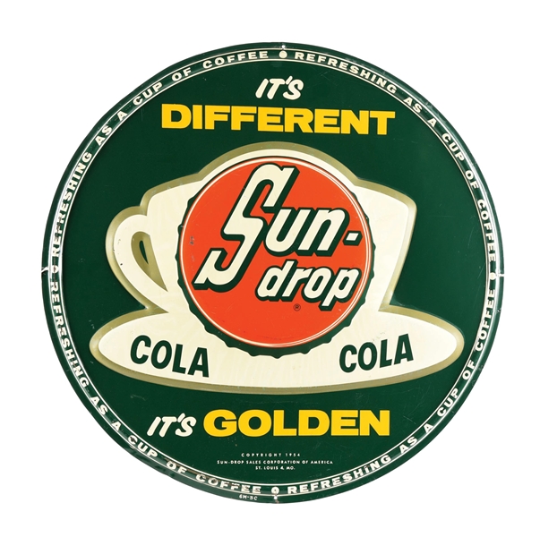 SUN-DROP COLA "ITS DIFFERENT ITS GOLDEN" SELF-FRAMED EMBOSSED TIN SIGN W/ BOTTLE CAP & COFFEE CUP GRAPHIC