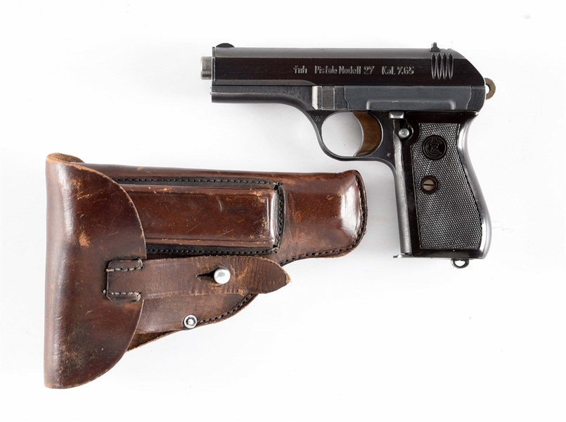 (C) CZ 27 SEMI-AUTOMATIC PISTOL WITH LEATHER HOLSTER.