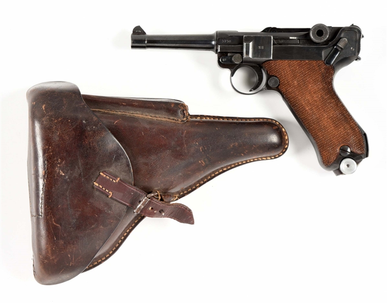 (C) MAUSER P08 LUGER SEMI-AUTOMATIC PISTOL WITH LEATHER HOLSTER.