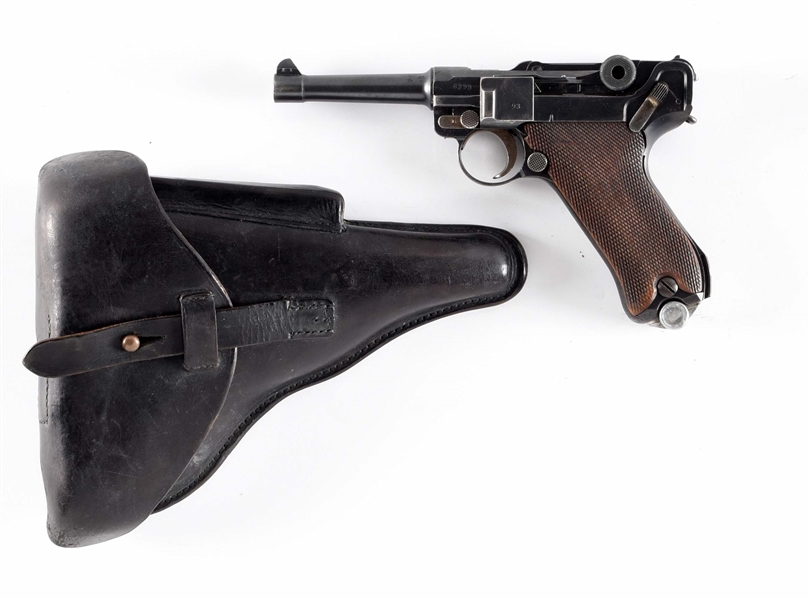 (C) DWM P08 LUGER SEMI-AUTOMATIC PISTOL WITH LEATHER HOLSTER.