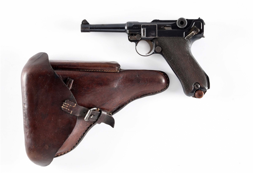 (C) DWM SCRIPT 1915 CHAMBER DATED P.08 LUGER 9MM SEMI-AUTOMATIC PISTOL WITH MATCHING LEATHER HOLSTER 
