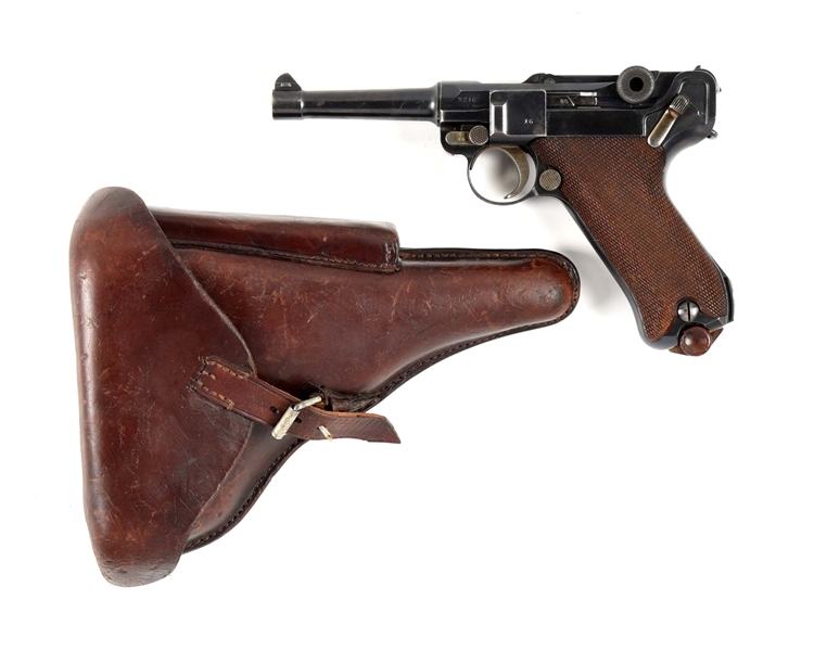 (C) 1915 DATED DWM P.08 LUGER 9MM SEMI-AUTOMATIC WITH MATCHING LEATHER HOLSTER 
