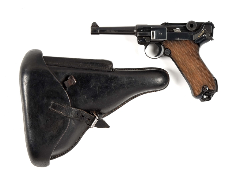 (C) BYF MAUSER CODE 41 CHAMBER STAMP, P.08 LUGER 9MM SEMI-AUTOMATIC PISTOL WITH LEATHER HOLSTER.
