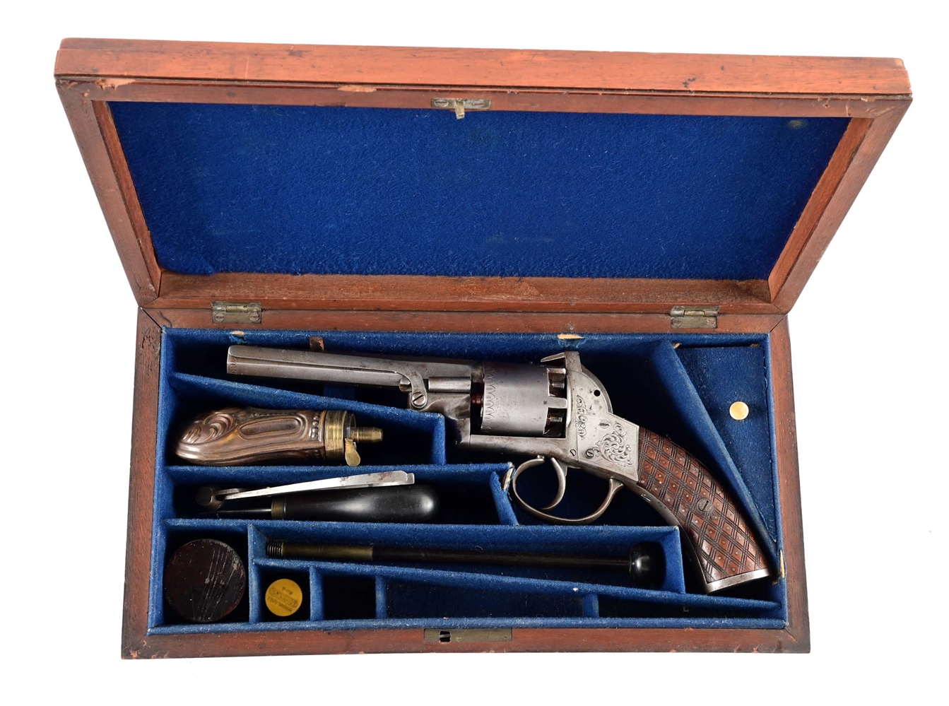 (A) CASED AND ENGRAVED ENGLISH PROOFED DOUBLE ACTION PERCUSSION REVOLVER.
