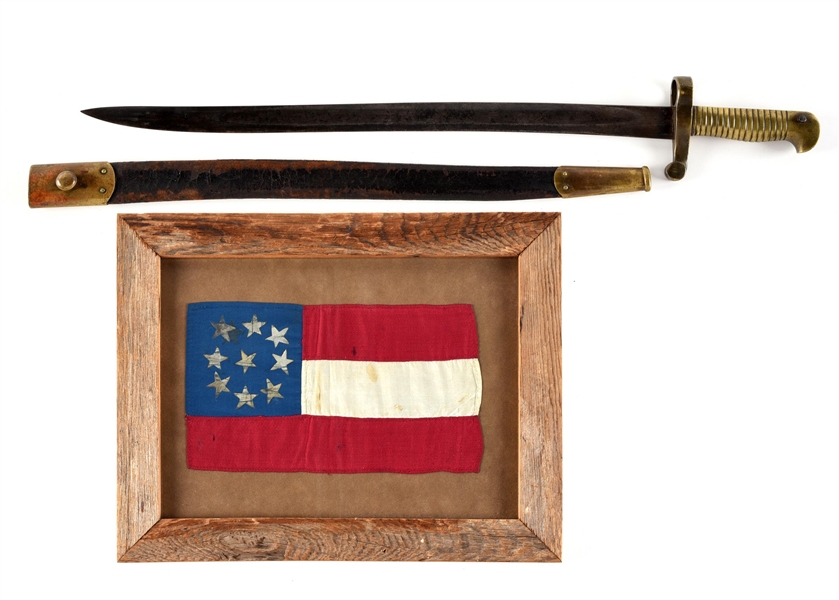 LOT OF 2: SMALL CONFEDERATE FIRST NATIONAL FLAG AND YATAGHAN BAYONET.