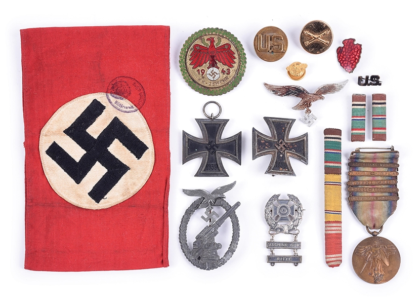 LOT OF US AND GERMAN WWII MEDALS, RIBBONS, AND ARMBAND.