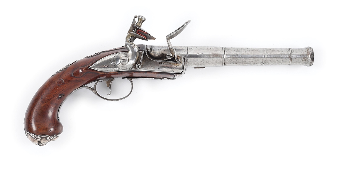 (A) FINE ENGLISH SILVER MOUNTED QUEEN ANNE FLINTLOCK OFFICERS PISTOL BY ISAAC SMITH.