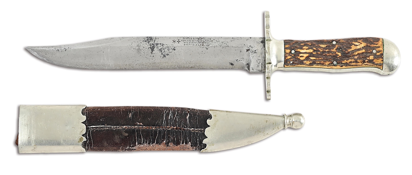 JOSEPH RODGERS & SONS STAG HANDLED BOWIE KNIFE.